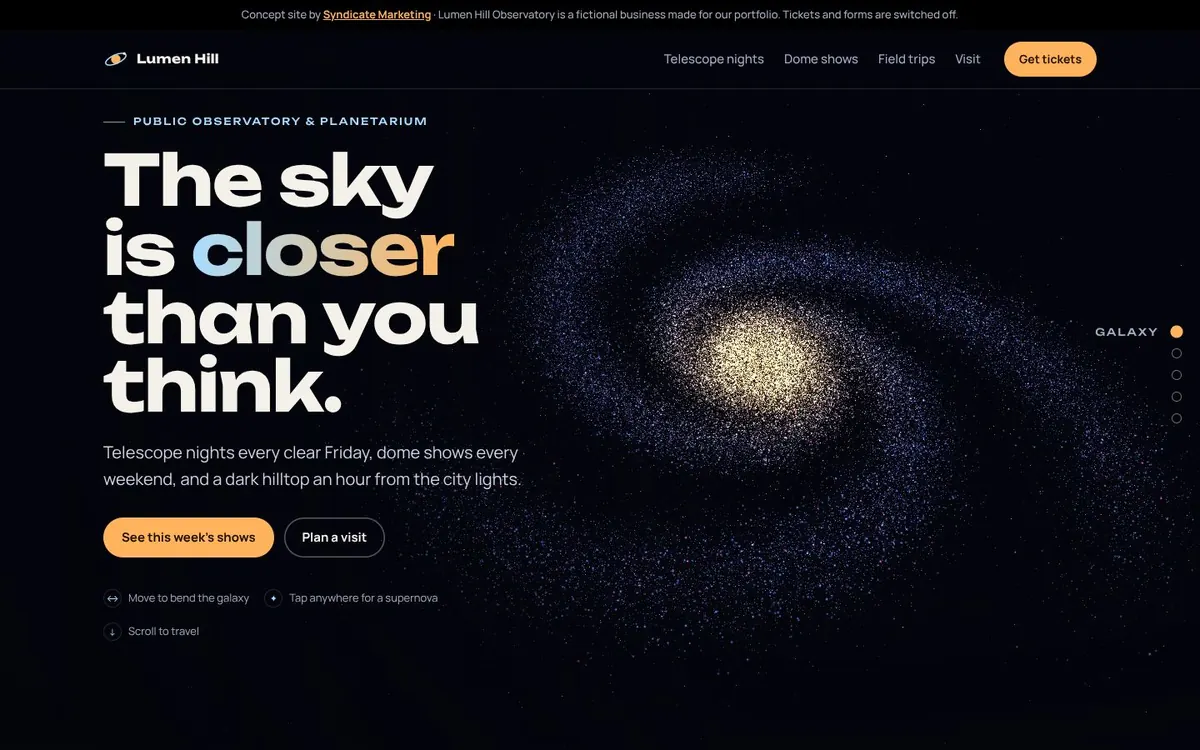 Lumen Hill Observatory concept site with a WebGL star field