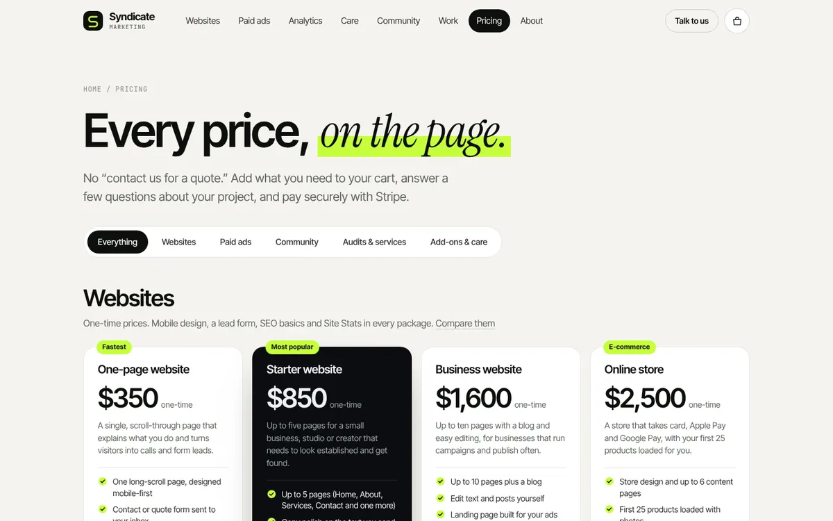 Syndicate Marketing pricing page with every package priced